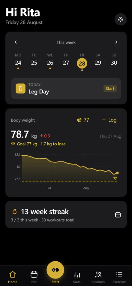 App home screen: today's session, body-weight chart and a 13-week streak