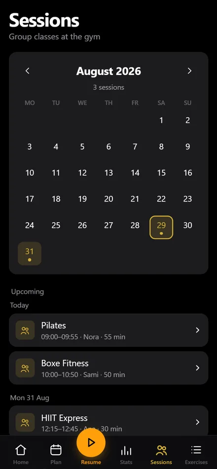Class timetable: month calendar and list of upcoming group classes